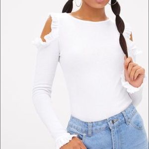 White Cold Shoulder Frill Ribbed Bodysuit